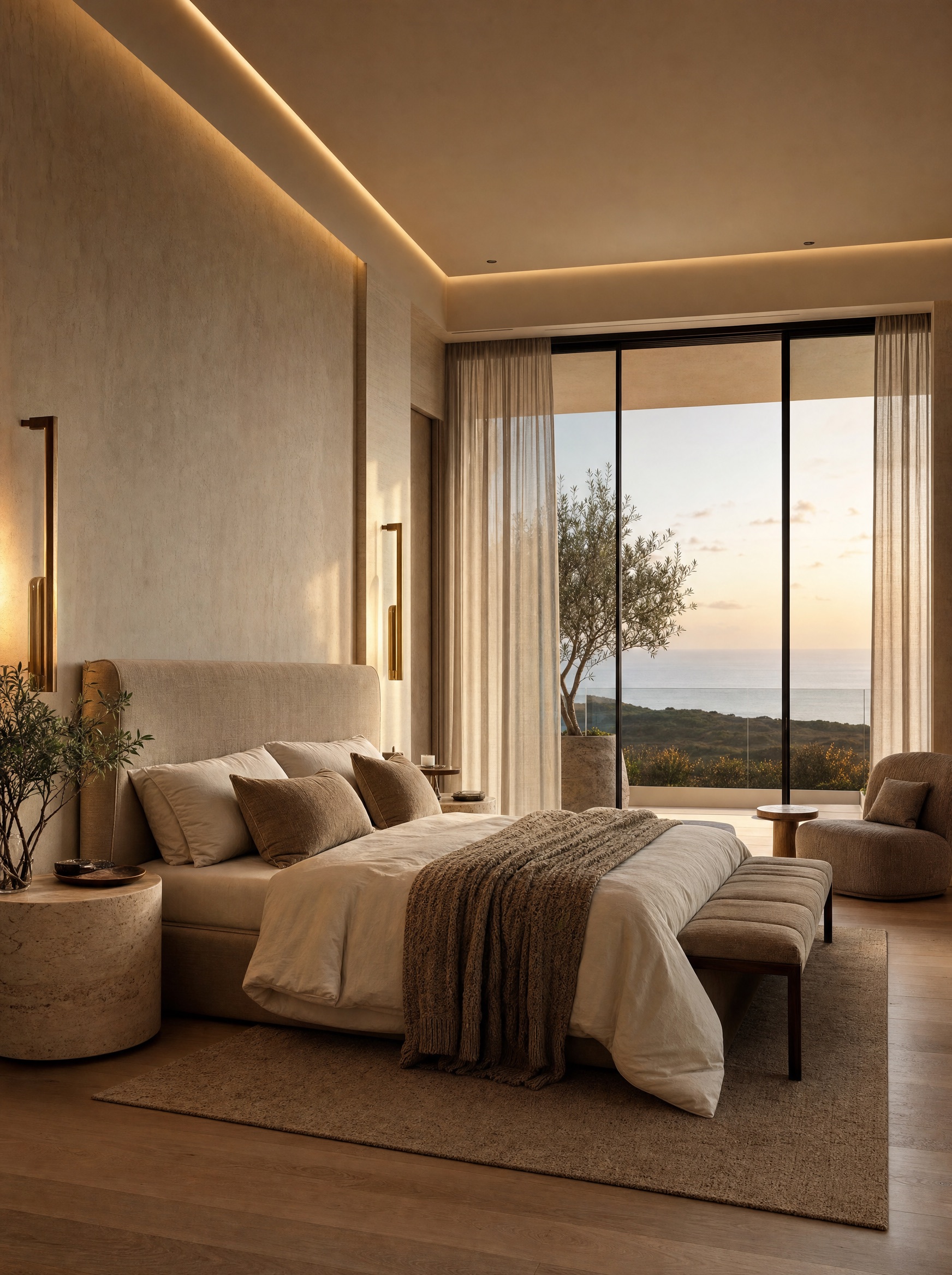 Master suite dressed in linen and travertine
