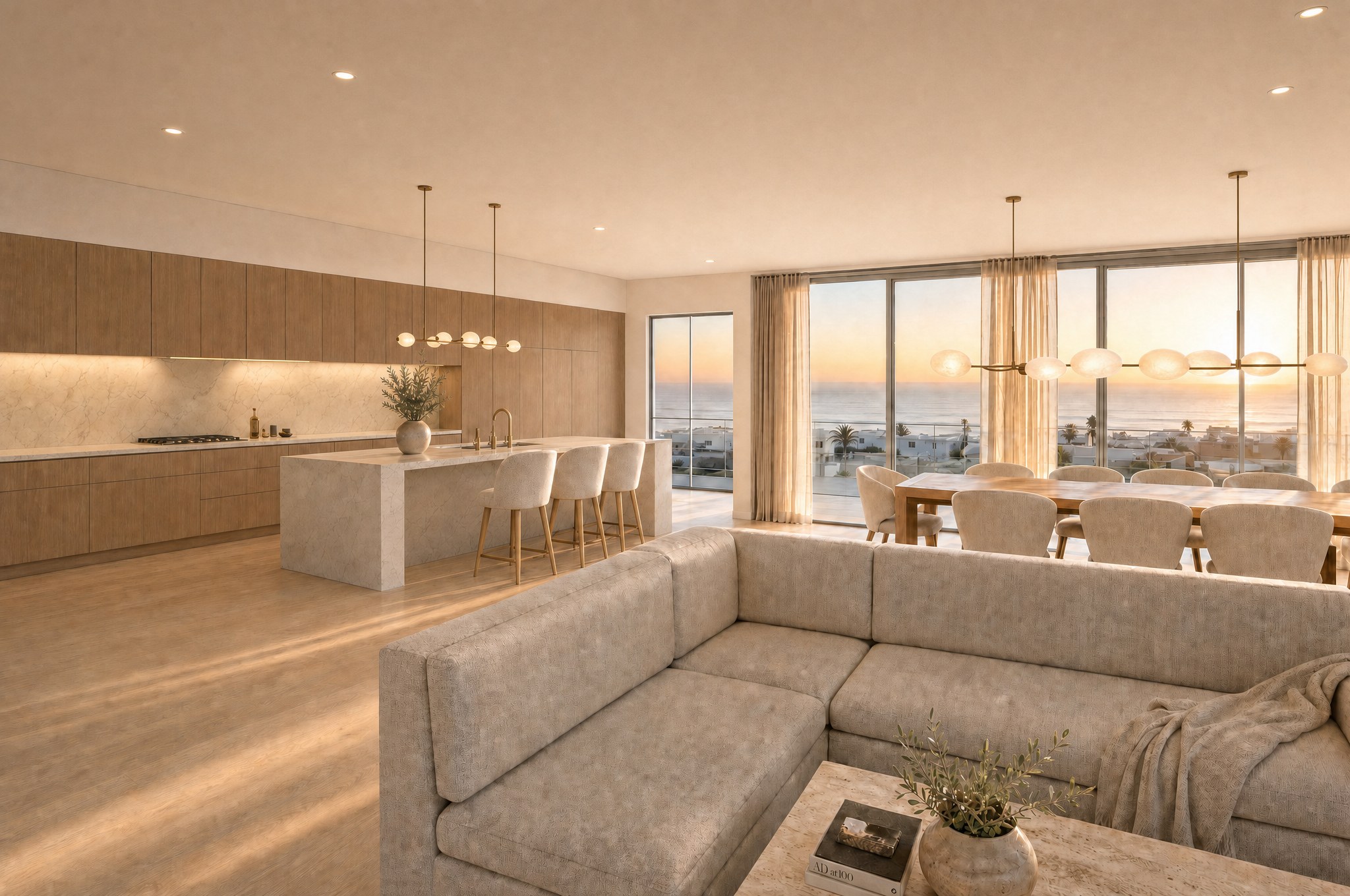Penthouse open-plan living toward the kitchen at dusk