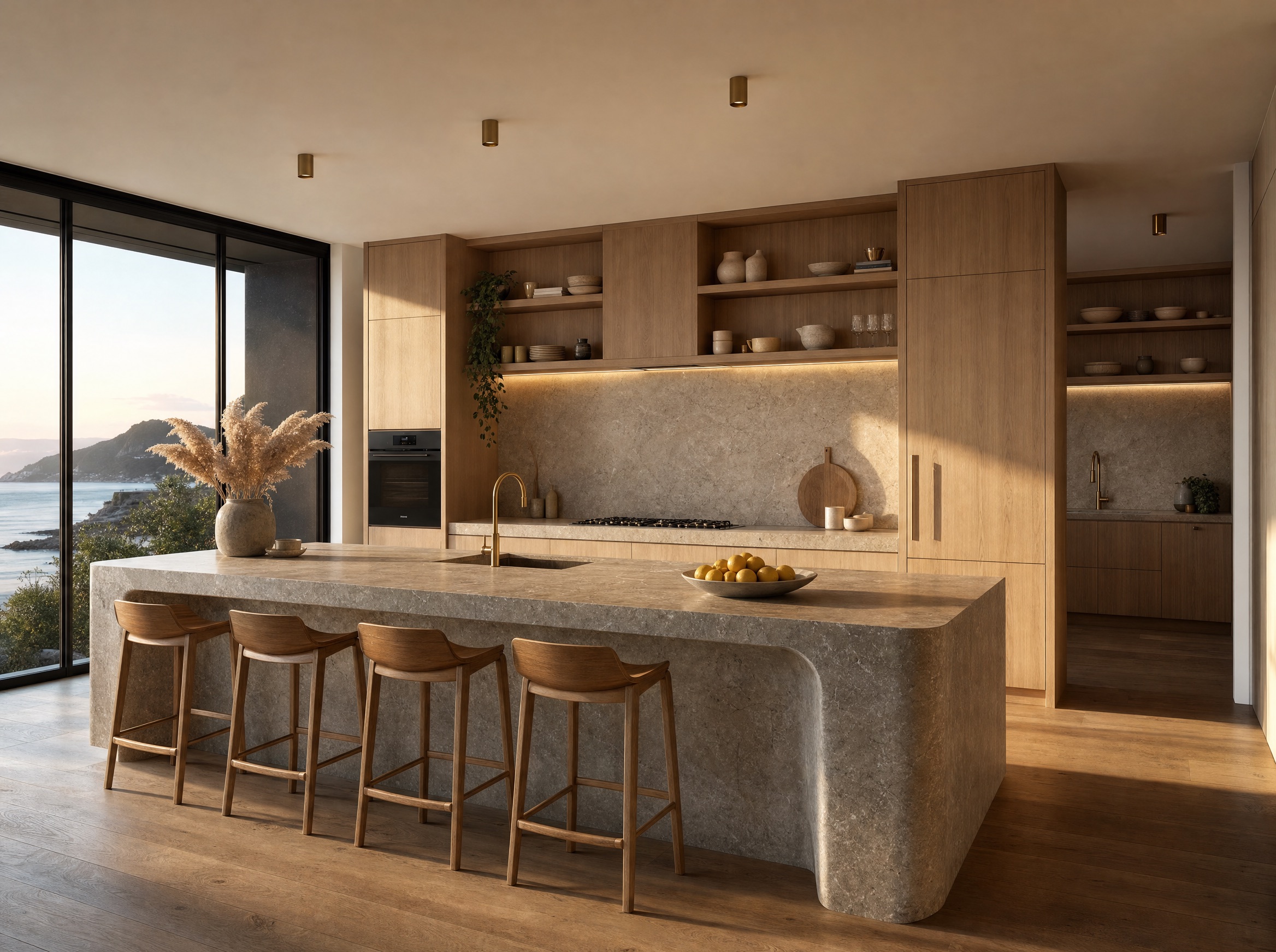Island kitchen in oak and stone